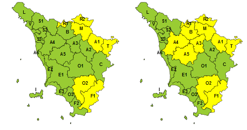 Codice giallo di venerdì 21 (a sinistra) e sabato 22 (fonte foto comunicato stampa)