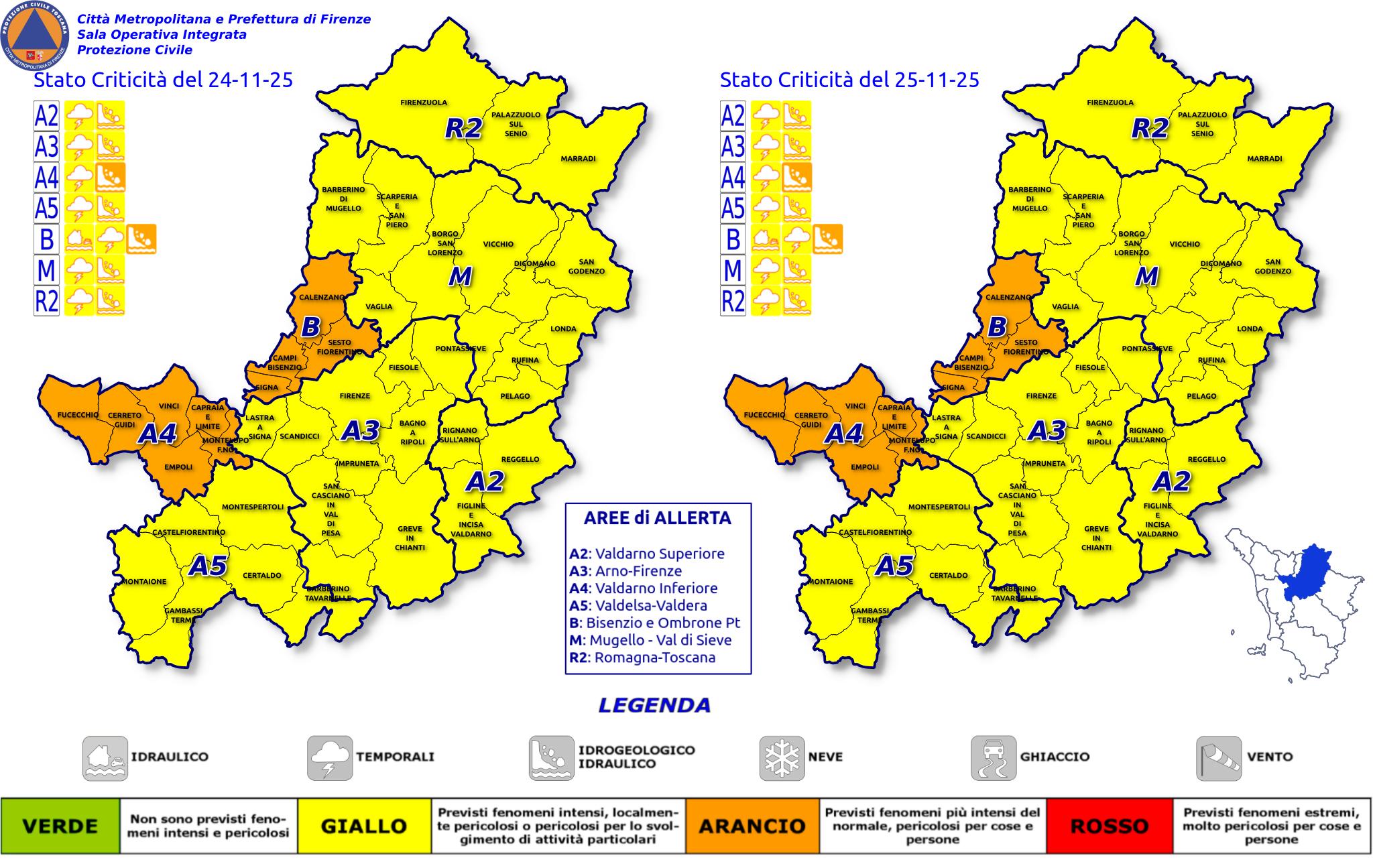 Allerta arancio e gialla (fonte immagine Protezione Civile Citt metropolitana di Firenze)