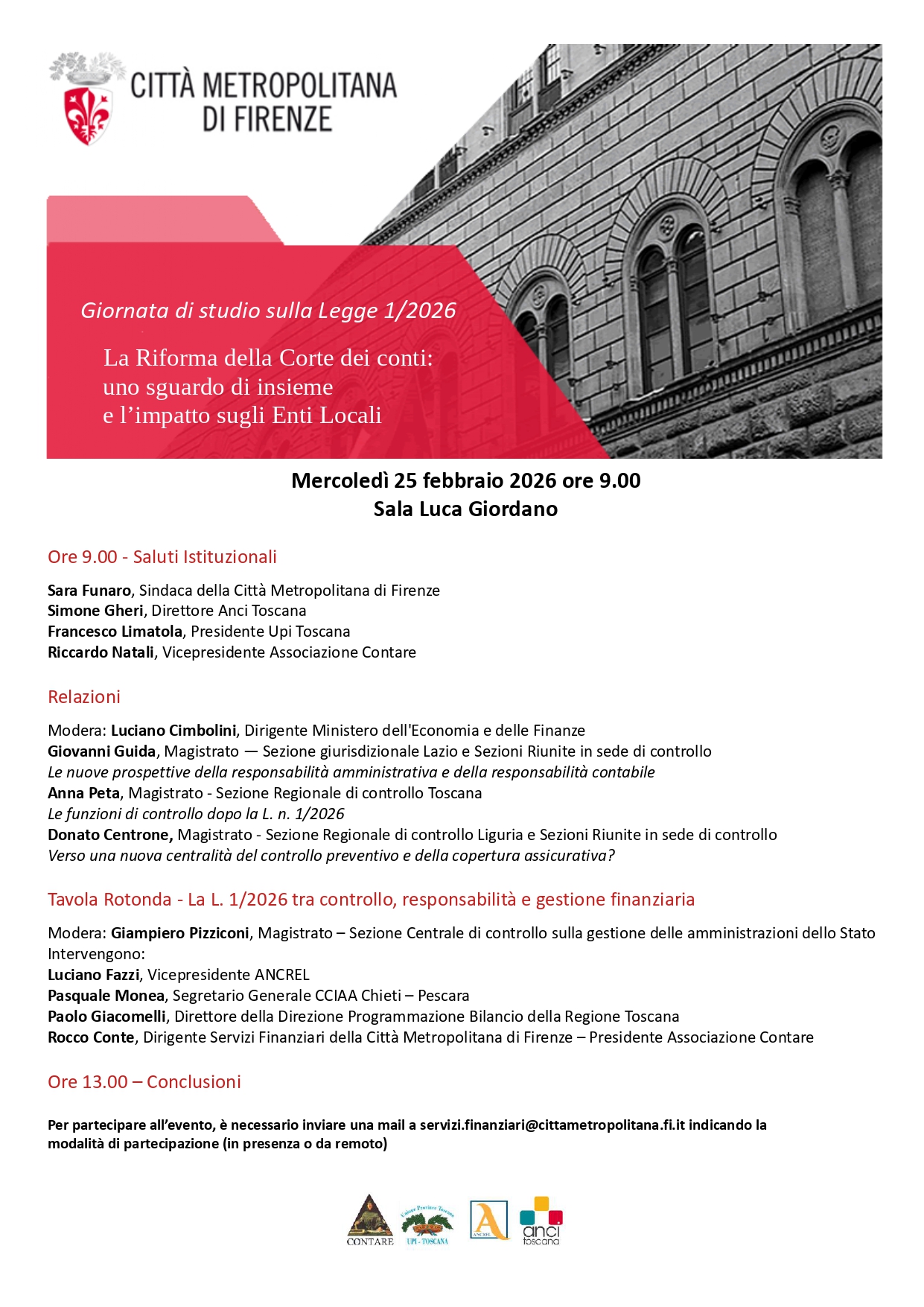 La Riforma della Corte dei conti: uno sguardo di insieme e l�impatto sugli Enti Locali. Giornata di studio sulla Legge 1/2026 in Palazzo Medici Riccardi 