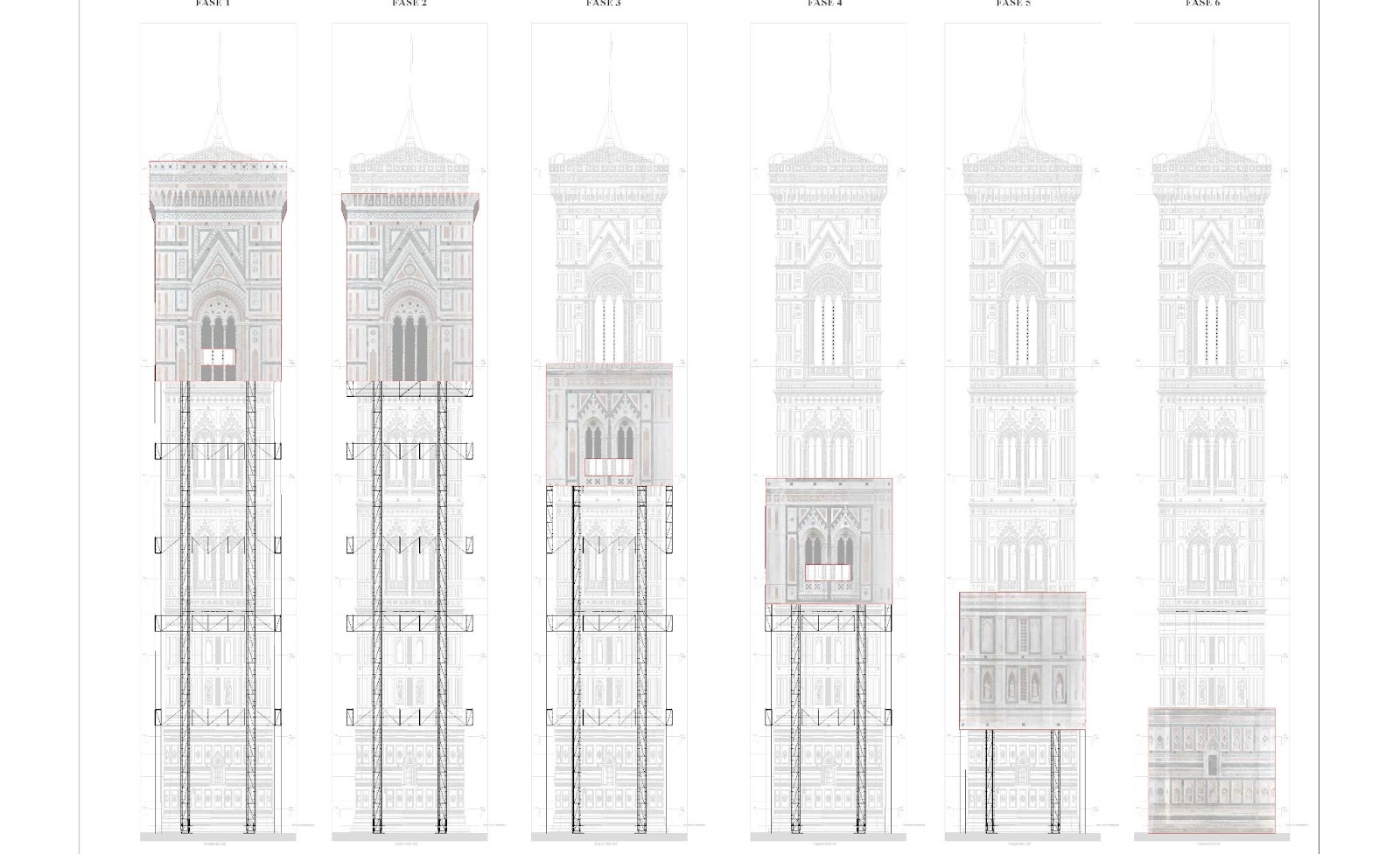Progetto del ponteggio del cantiere di restauro del Campanile di Giotto - Courtesy Opera di Santa del Fiore/TSA Tecno System Appalti, Roma