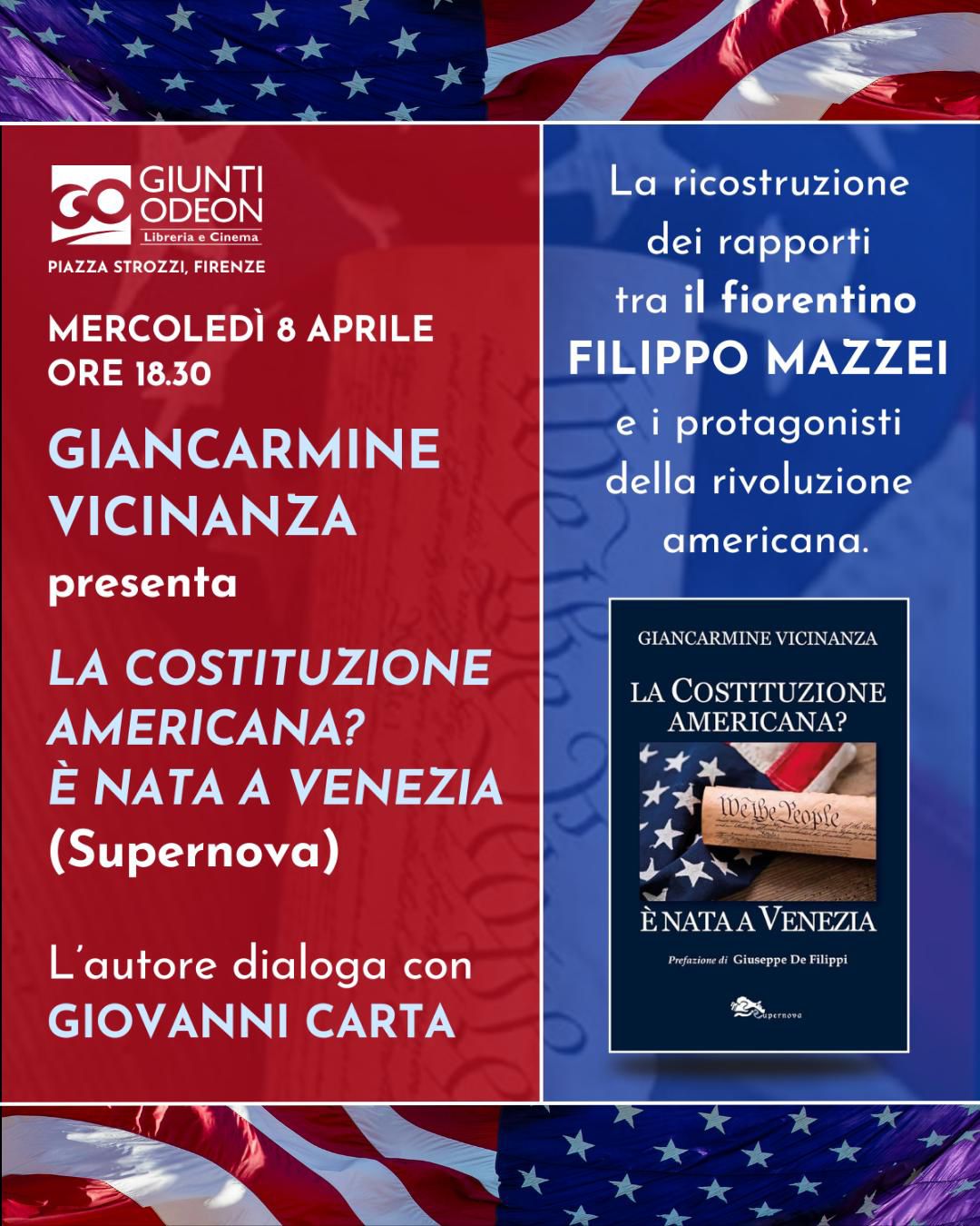 Locandina presentazione libro di Giancarmine Vicinanza alla Giunti Odeon di Firenze 