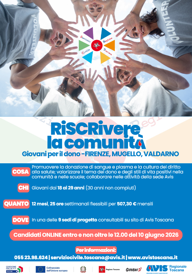 La locandina del progetto 'RiSCRivere la comunità giovani per il dono – Firenze, Mugello, Valdarno'