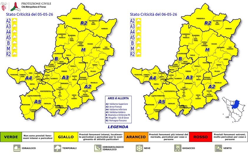 Allerta meteo per il 5 e il 6 maggio 2026