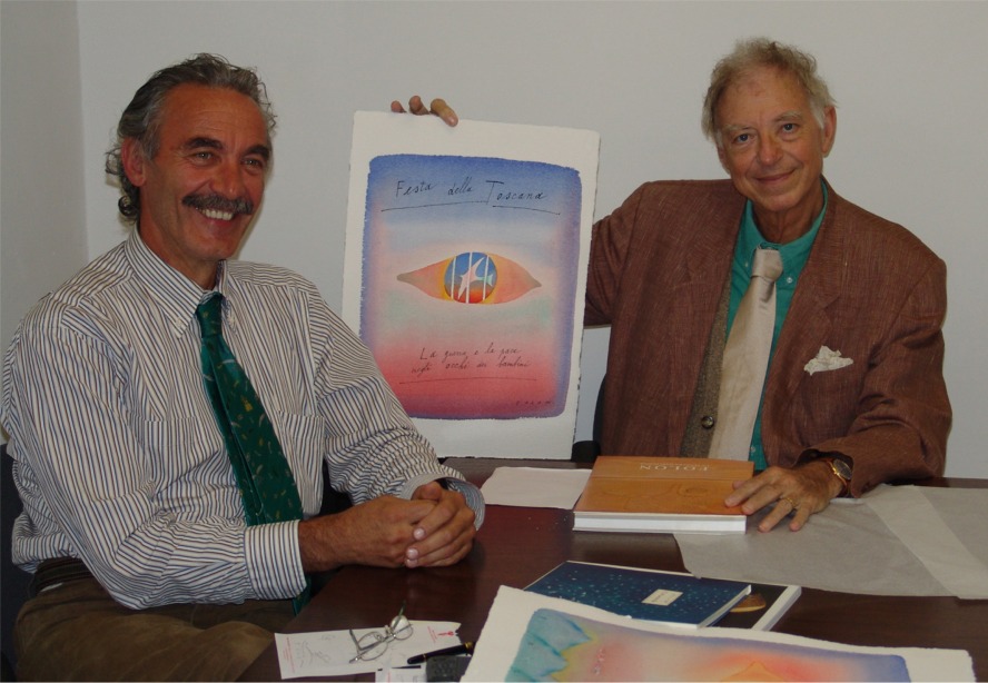 Il presidente del Consiglio provinciale Pietro Roselli con jean Michel Folon e il bozzetto del manifesto